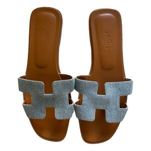 Hermes Denim Blue and Tan Sandals